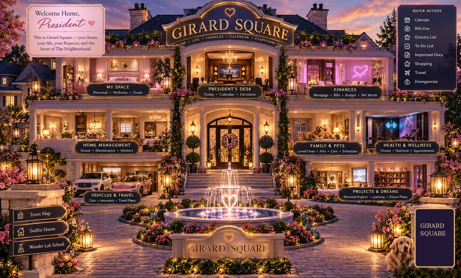Girard Square storybook open-dollhouse estate: personal suite, president's desk, finances, home management, family, wellness, vehicles and dreams. The architectural artwork is a concept, not a photo of your actual home.