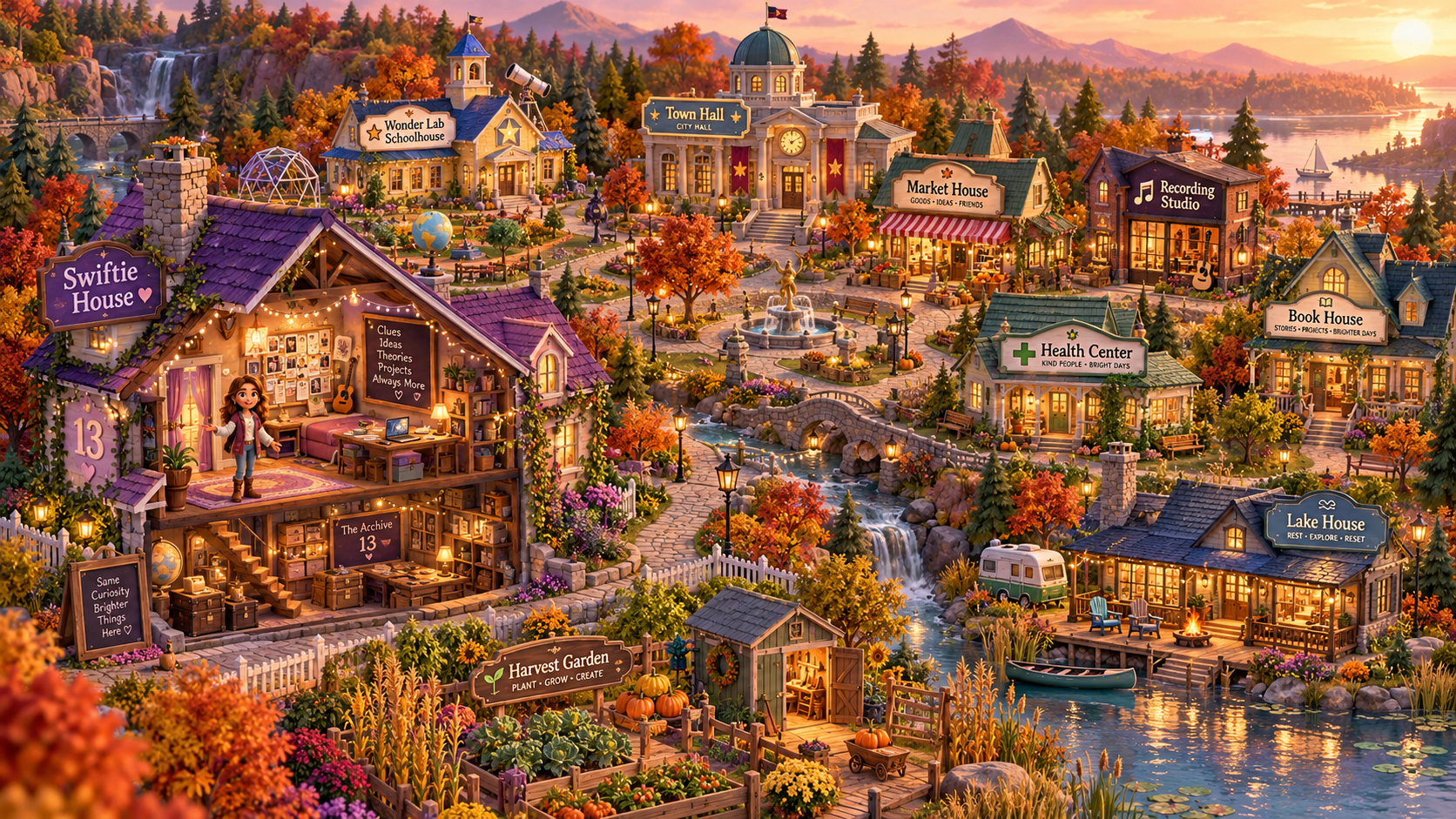 Autumn storybook village with a purple Swiftie house, school, Town Hall, market, recording studio, health center, book house, lake house and harvest garden
