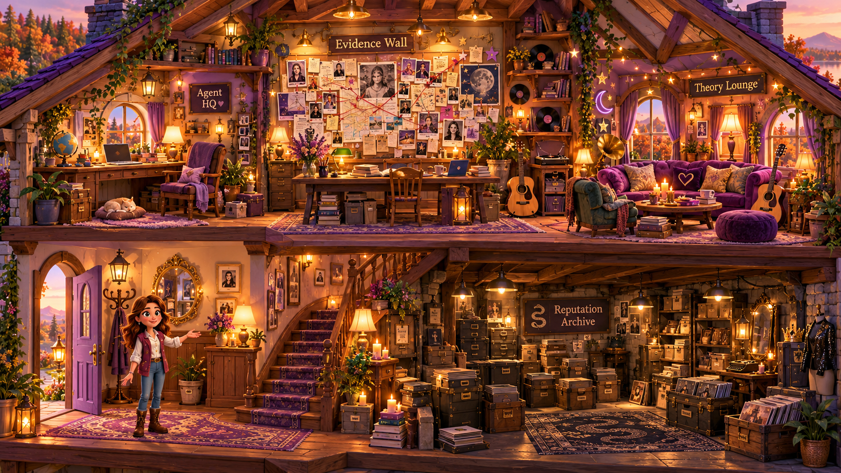 A cozy open cutaway Swiftie house with evidence wall, theory lounge, foyer, reputation archive and upstairs agent wing.