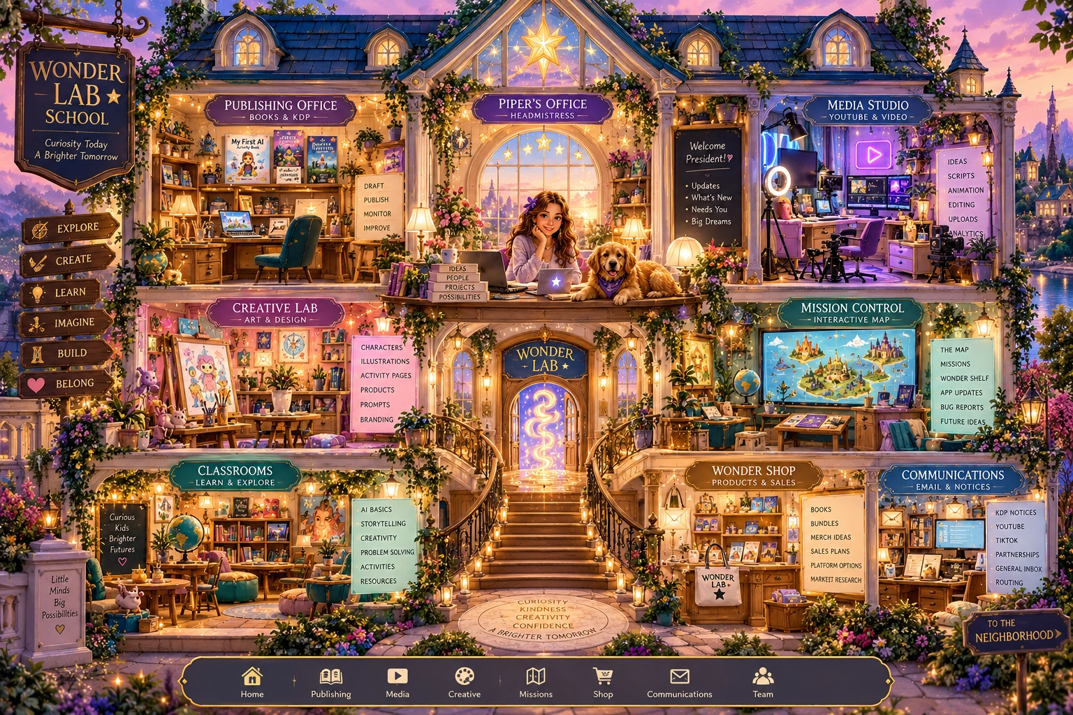 A magnificent open cutaway Wonder Lab School with publishing office, Ethereal's office, media studio, creative lab, mission control, classrooms, Wonder Shop and communications.
